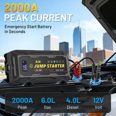 SPBTAR Car Battery Jump Starter, 2000A Peak 18000mAh Battery Booster, Fast Charger 12V Jumper Cables for 8.0L Gasoline & 6.0L Diesel Engines - Filluck