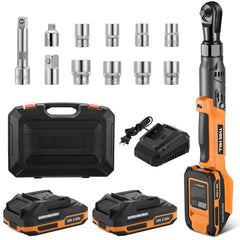 3/8" 90NM Cordless Electric Ratchet Wrench Set with 2 Pack 15C 2000 mAh Lithium-Ion Battery,20V 66 Ft-lbs Brushless Power Ratchet Driver,11 Sockets and Charger for Automobile Engine | THISHILL