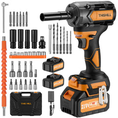THIS HILL 1/2 Cordless Impact Wrench - Li-Ion Brushless Impact Driver | 21V 4.0Ah Li-Ion Battery*2 | 3-Speed Gear | LED Lights | Kit w/Accessories | Home Assembly