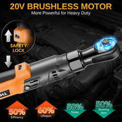 3/8" 90NM Cordless Electric Ratchet Wrench Set with 2 Pack 15C 2000 mAh Lithium-Ion Battery,20V 66 Ft-lbs Brushless Power Ratchet Driver,11 Sockets and Charger for Automobile Engine | THISHILL