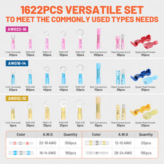 Filluck 1622PCS Ultimate Heat Shrink Wire Connectors Kit, Waterproof Electrical Spade Connectors, Insulated Crimp Ring Fork Spade Terminal T-Tap Solder Butt Splice Connector for Marine Boat Auto