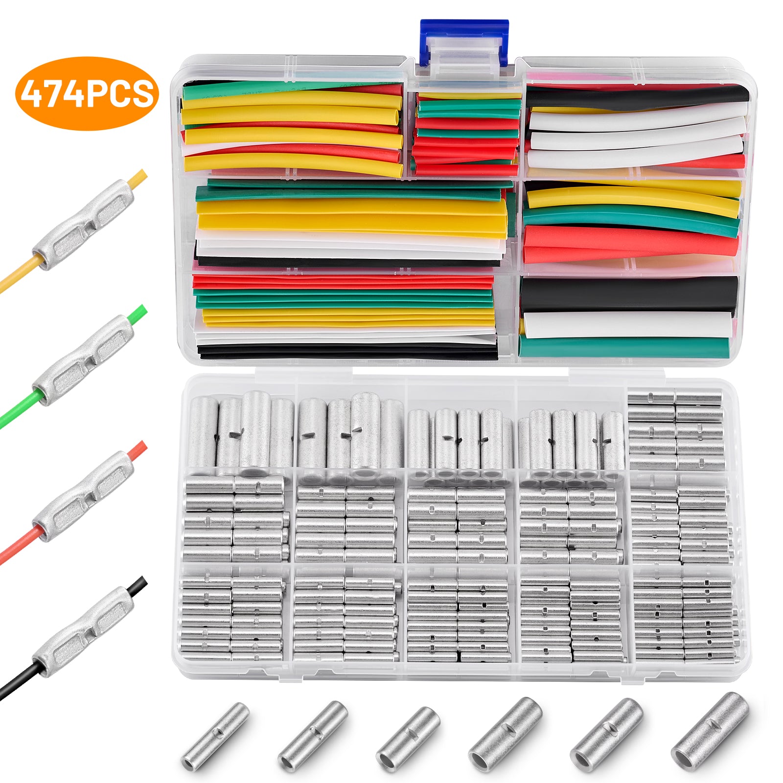 Filluck 474Pcs Non Insulated Butt Connectors Kit, 22-6 Gauge Butt Splice with Heat Shrink Wire Connectors, Storage Case Barrel Connector for Auto Repair, Electrical Appliances DIY, Boats - Filluck