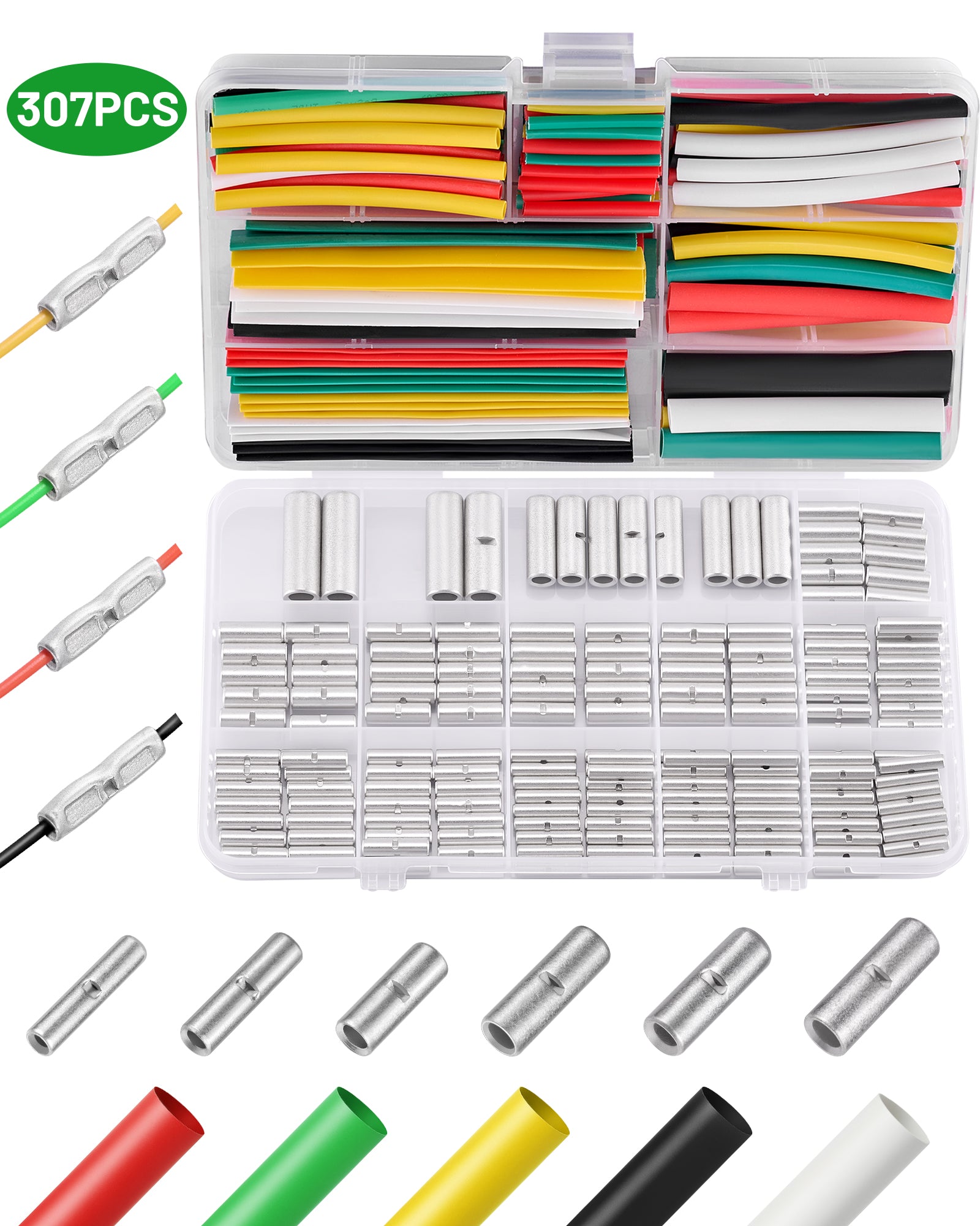 Filluck 307Pcs Non Insulated Butt Connectors Kit, 22-6 Gauge Butt Splice with Heat Shrink Wire Connectors, Storage Case Barrel Connector for Auto Repair, Electrical Appliances DIY, Boats - Filluck