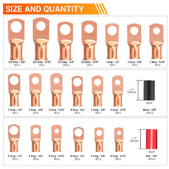Filluck 220PCS Battery Cable Ends AWG 1 2 4 6 8 1/0 2/0 Gauge, 110PCS Heavy Duty Copper Wire Lugs Kit, Battery Cable Terminal Connectors Assortment with 110PCS 3:1 Heat Shrink Tubing