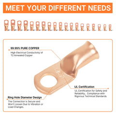 Filluck 220PCS Battery Cable Ends AWG 1 2 4 6 8 1/0 2/0 Gauge, 110PCS Heavy Duty Copper Wire Lugs Kit, Battery Cable Terminal Connectors Assortment with 110PCS 3:1 Heat Shrink Tubing