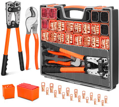 Battery Cable Lug Crimping Tool Kit with Copper Wire Lug AWG 1 2 4 6 8 1/0 Gauge, Wire Crimper for AWG 10-1/0 with Cable Cutter, 110PCS Battery Cable Ends with 110PCS 3:1 Heat Shrink Tubing