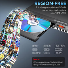 DVD Player for TV, 1080P HD Compact DVD Player with USB Input and HDMI/AC Output, Remote Control, All Region Free, Breakpoint Recovery Function, Support PAL/NTSC System