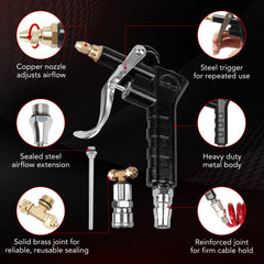 Air Blower Gun, Heavy Duty Compressed Air Duster Blow Gun with 30FT Air Compressor Hose, 2 Brass Adjustable Nozzle Car Cleaning Kit for Truck, RV, Boat & ATV