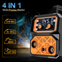 SPBTAR 145A MIG Welder, 110V 4-in-1 IGBT Inverter Welder with Lift TIG, MMA, MIG/MAG, Flux Core, Synergic & AI Arc Control - Portable Welding Machine Kit Includes Welding Mask & 20 Rods - Filluck