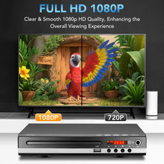 DVD Player for TV, 1080P HD Compact DVD Player with USB Input and HDMI/AC Output, Remote Control, All Region Free, Breakpoint Recovery Function, Support PAL/NTSC System