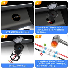 12V/24V USB Outlet, 36W Dual USB-C PD3.0 & USB-A QC3.0 Fast Charger with Recessed Mount, Waterproof Socket for RV, Camper, Boat,Truck,Trailer, Golf Cart
