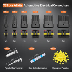 Filluck 763PCS Waterproof Wire Connectors, 41 Sets 1/2/3/4/5/6 Pin Car Electrical Terminal Connectors Kit with 22-16 AWG Wire Crimping Tool for Car Truck Motorcycle Boat Marine - Filluck