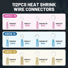 Filluck 112PCS Heat Shrink Ring Terminals, AWG 22-10 Heat Shrink Wire Connectors, Marine Grade Tinned Red Copper, Electrical Waterproof Insulated Ring Terminals Kit for Industrial, Automotive, Boat