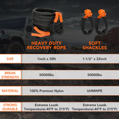 Kinetic Recovery Tow Rope, 1" x 30FT 50000LBS with Two Soft Shackles Heavy Duty Off Road Snatch Strap, 35% High Elasticity Recovery Strap Kit for Truck, Tractor, Car, ATV, UTV, Jeep | Filluck