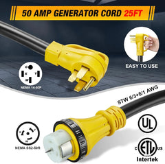 50 Amp RV Generator Extension Cord with Inlet Box, 125V/250V, NEMA 14-50P/SS2-50R | Filluck