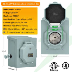 30 Amp 15FT Heavy Duty RV Generator Extension Cord with Inlet Box, NEMA 14-50P to SS2-50R Twist Lock Connector, 125V/250V Power Cord for Home/Camping/Boat/Emergency Backup