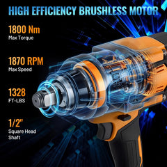 3/4" Cordless Impact Wrench Kit, 1800N·m High Torque Brushless Motor, 21V 4.0Ah x2 Battery, 12PCS Socket Set for Car, Truck, RV, Farm & DIY