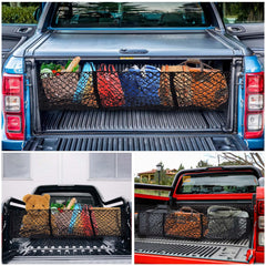 Filluck Cargo Net for Pickup Truck Bed, 3 Pocket Trunk Organizer 47.2" Stretches to 62" Mesh Storage Net for Ford/Dodge/GMC/Chevy Silverado/Toyota/Nissan/Honda, 1 Pack