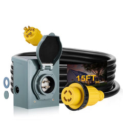 30 Amp 15FT Heavy Duty RV Generator Extension Cord with Inlet Box, NEMA 14-50P to SS2-50R Twist Lock Connector, 125V/250V Power Cord for Home/Camping/Boat/Emergency Backup