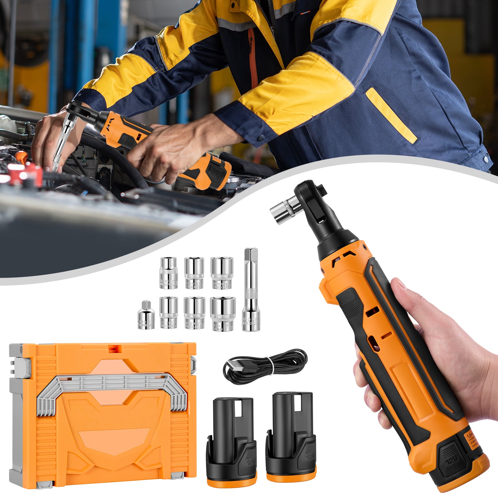 SPEEDWOW 3/8" Cordless Ratchet Wrench, 41 ft-lbs (55 Nm) Torque, 20V Power Tool Kit with 2 Batteries, LED Light, 13-Piece Set for Mechanics & Car Repairs - Filluck
