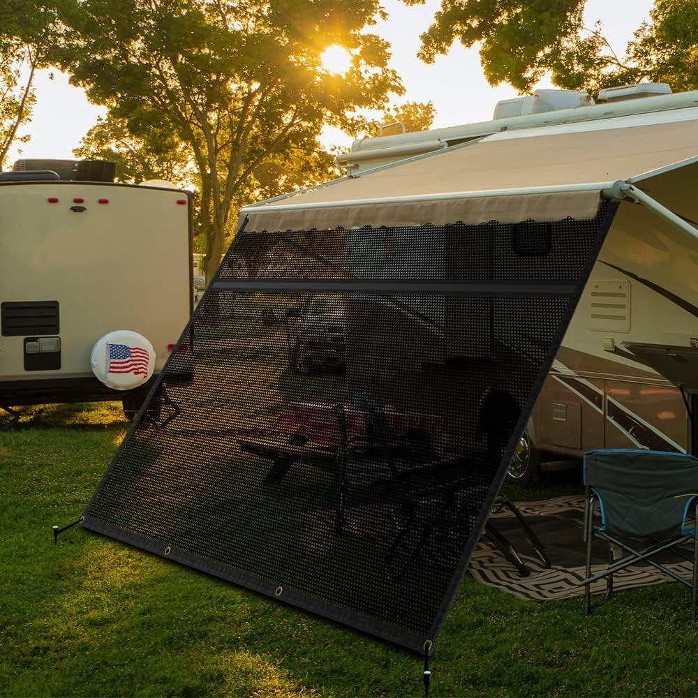 Filluck Black RV Awning Shade Screen 87% UV Block, Cool Breeze, Zip Adjustable Privacy Mesh, Durable Universal Trailer Camper RV Awning Screen with Complete Kits 7*9FT - Filluck