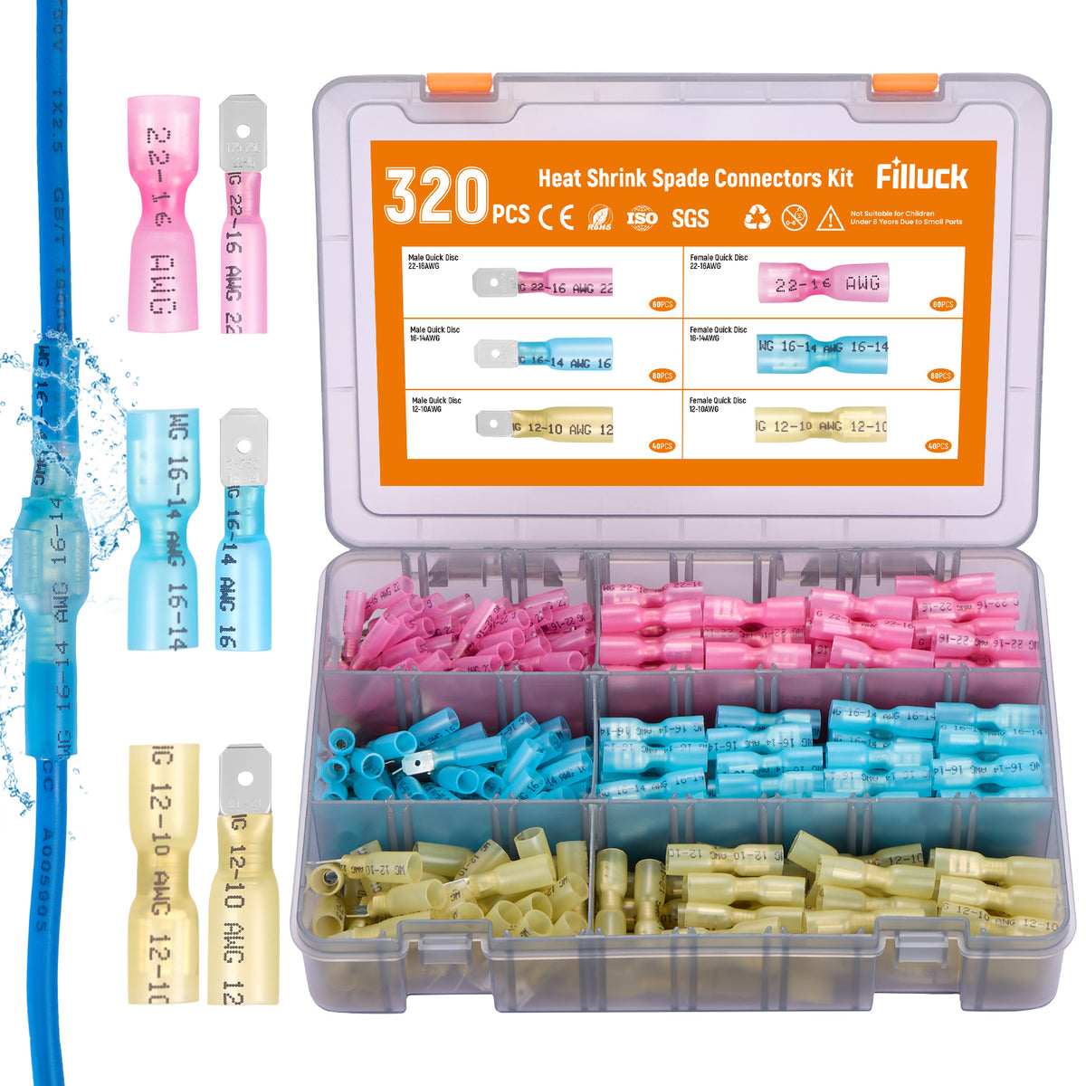 Filluck 320PCS Heat Shrink Spade Connectors, 22-10 AWG Quick Connect Disconnect Wire Connectors, Female & Male Insulated Electrical Crimp Terminals Kit for Automotive Marine Industrial