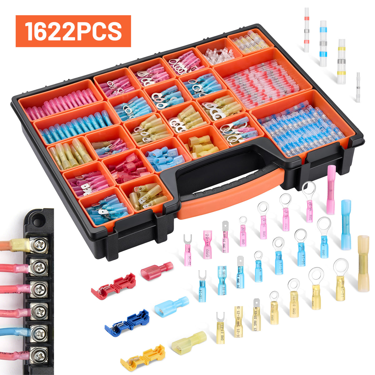 Filluck 1622PCS Ultimate Heat Shrink Wire Connectors Kit, Waterproof Electrical Spade Connectors, Insulated Crimp Ring Fork Spade Terminal T-Tap Solder Butt Splice Connector for Marine Boat Auto