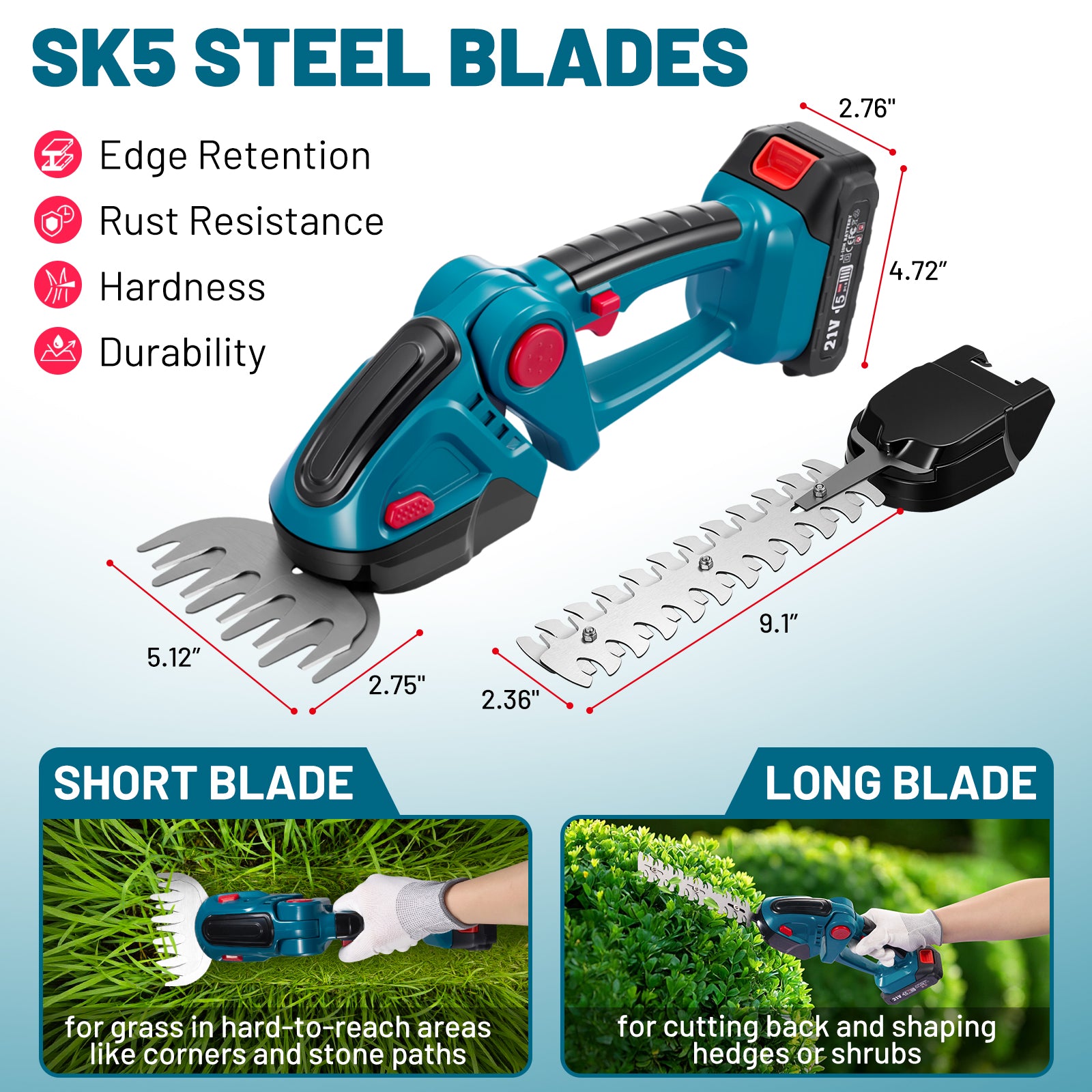 SPBTAR Cordless Hedge Trimmer-20V Electric Shrub Trimmer Grass Shears Handheld Grass Cutter, Hedge Shear with 2 PCS Rechargeable Battery and Charger for Garden, Lawn - Filluck