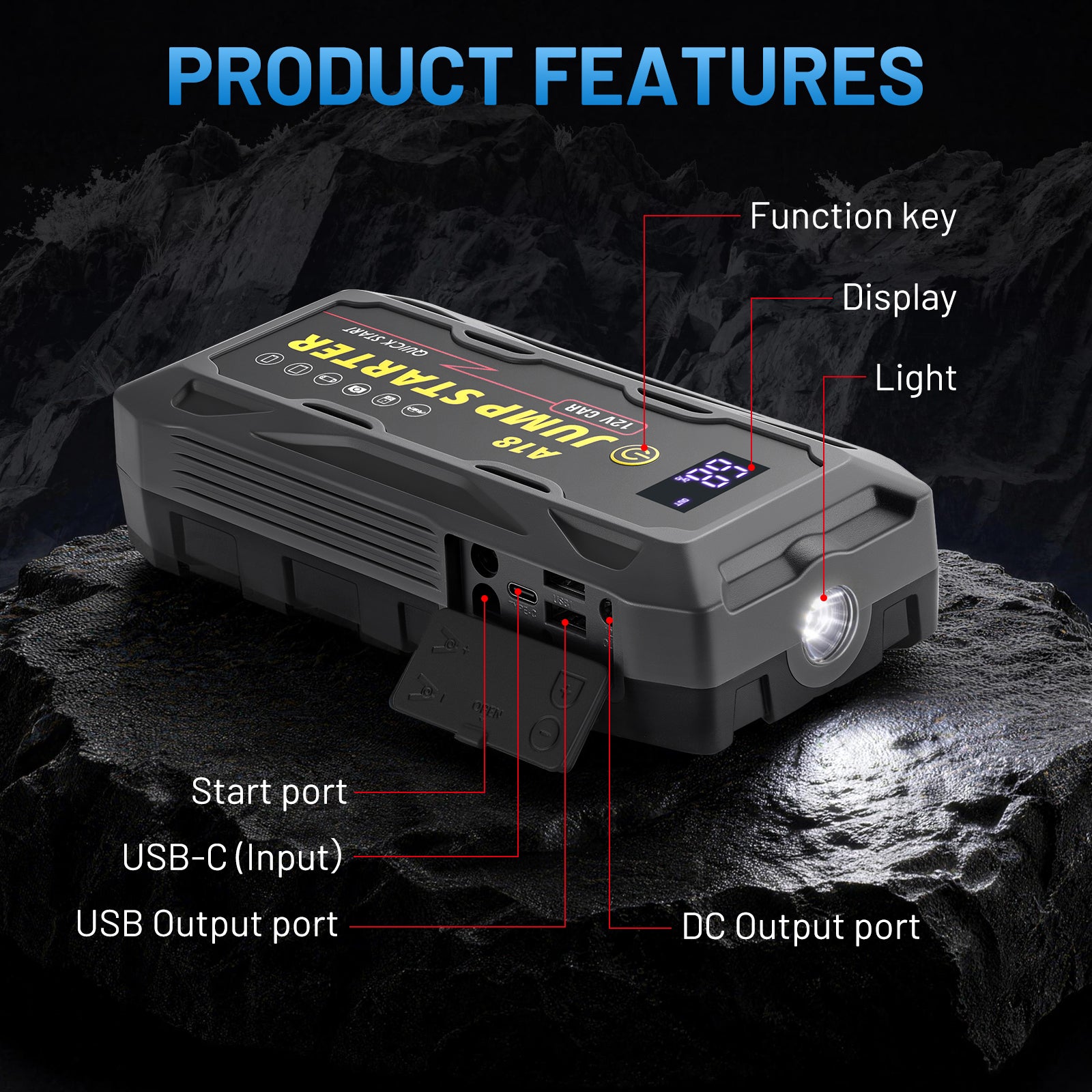 SPBTAR Car Battery Jump Starter, 2000A Peak 18000mAh Battery Booster, Fast Charger 12V Jumper Cables for 8.0L Gasoline & 6.0L Diesel Engines - Filluck