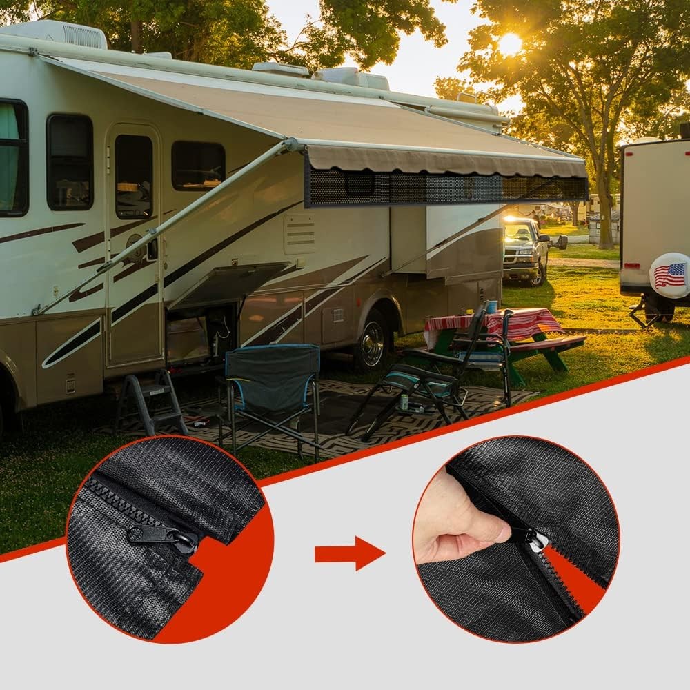Filluck Black RV Awning Shade Screen 87% UV Block, Cool Breeze, Zip Adjustable Privacy Mesh, Durable Universal Trailer Camper RV Awning Screen with Complete Kits 7*9FT - Filluck