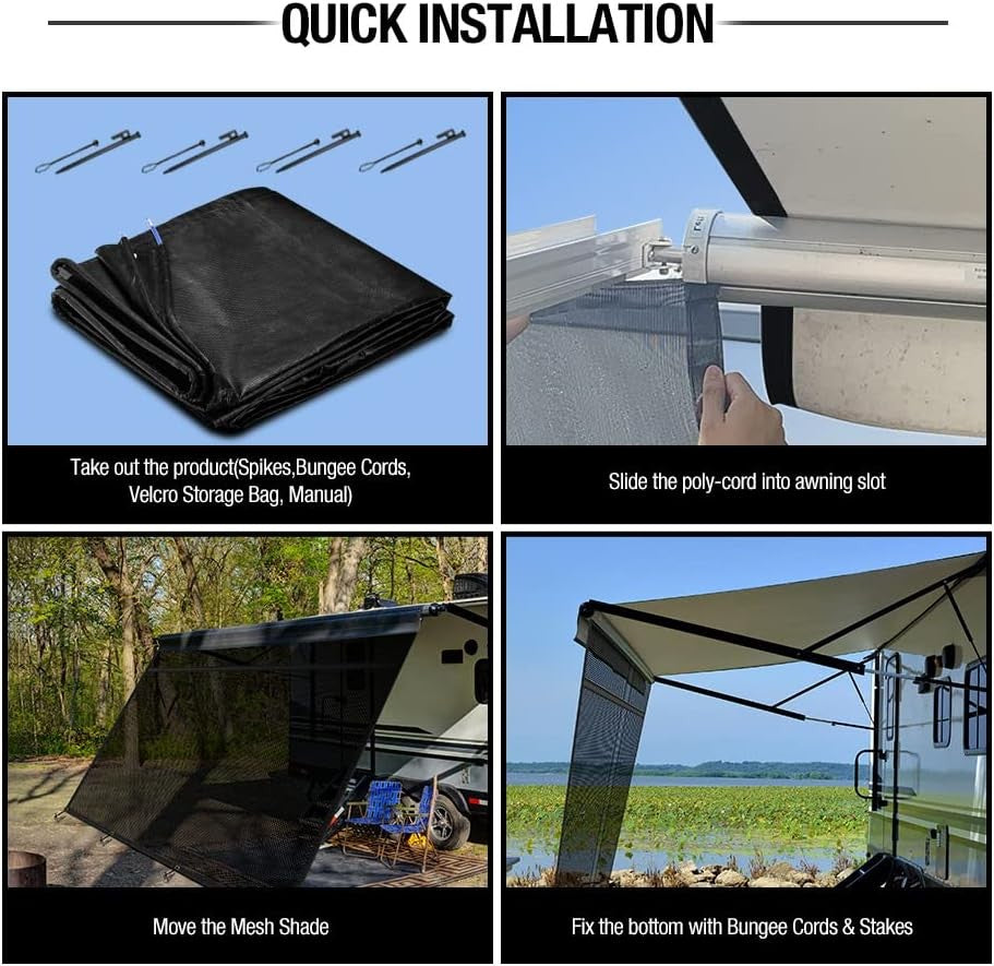 Filluck Black RV Awning Shade Screen 87% UV Block, Cool Breeze, Zip Adjustable Privacy Mesh, Durable Universal Trailer Camper RV Awning Screen with Complete Kits 8*13FT - Filluck