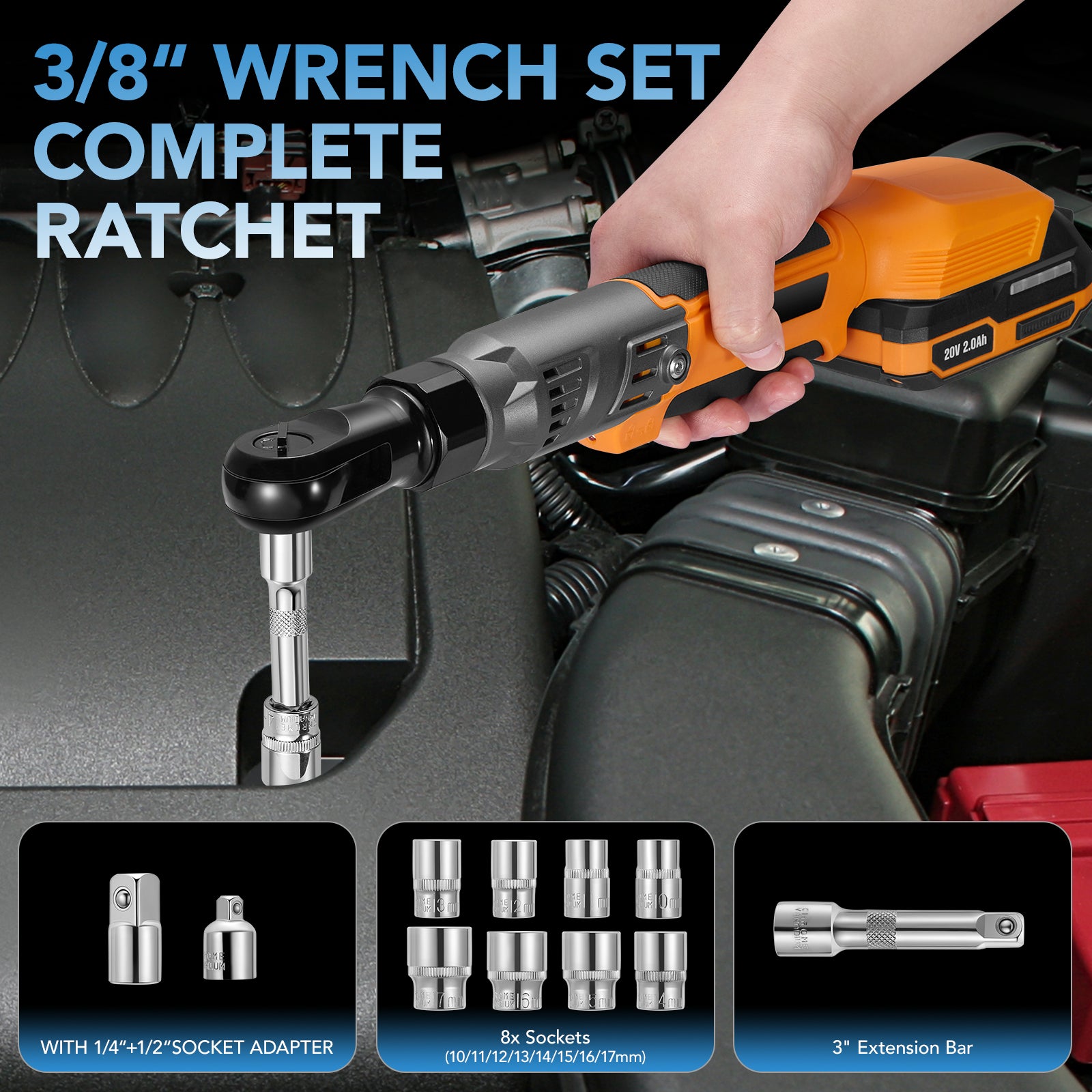 SPBTAR 3/8" Cordless Ratchet Wrench, 66Ft-lbs (90Nm) Brushless Power Tool Kit, 20V 250RPM with 2x2.0Ah Batteries, 8 Sockets, Charger for Car, Motorcycle, Home Repairs - Filluck