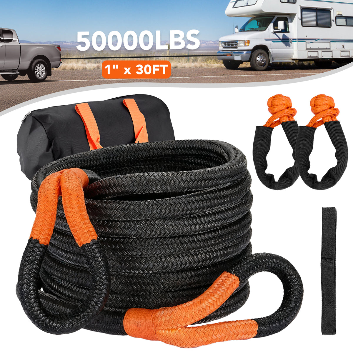 Kinetic Recovery Tow Rope, 1" x 30FT 50000LBS with Two Soft Shackles Heavy Duty Off Road Snatch Strap, 35% High Elasticity Recovery Strap Kit for Truck, Tractor, Car, ATV, UTV, Jeep - Filluck