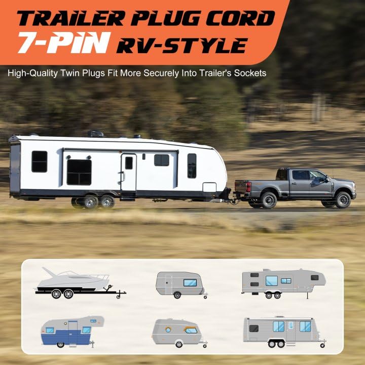 Heavy Cord 7-Way Trailer Plug, Light & Brake Control Waterproof | Filluck