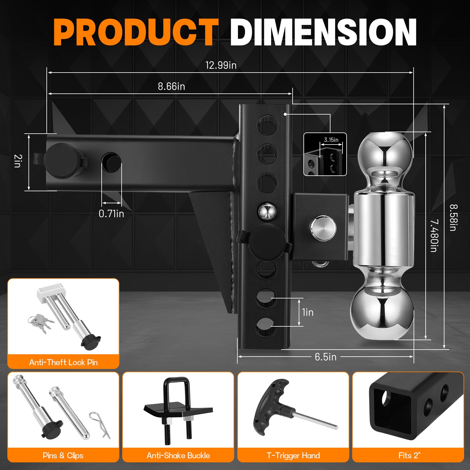 Heavy Duty Adjustable Trailer Hitch for 2" Receiver, 20,000 lbs GTW Aluminum Drop Hitch with 6" Drop/Rise, Dual Ball Mount (2" & 2-5/16") and 2 Anti-Theft Locking Pins - Filluck