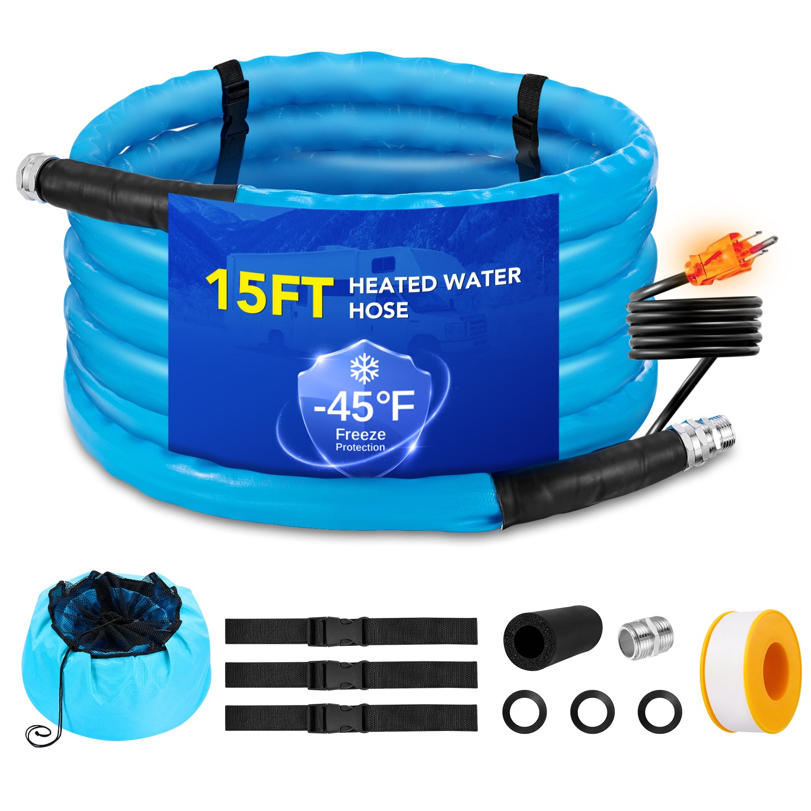 Heated RV Water Hose 15ft - Freeze Protection -45°F, 450PSI Heavy Duty, Energy-Saving Thermostat, Easy Install, 5/8" with Storage Bag - Filluck