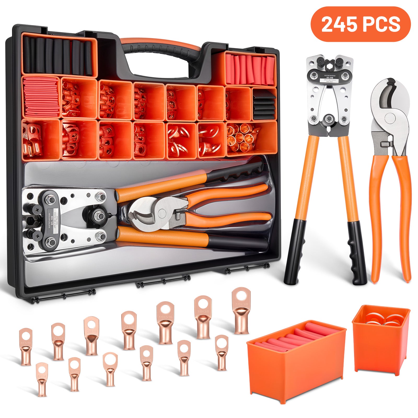 Filluck 245PCS Battery Cable Crimping Tool Kit, Copper Wire Lug AWG 1 2 4 6 8 1/0 Gauge, Wire Crimper for AWG 10-1/0 with Cable Cutter, Battery Terminal Connectors with 3:1 Heat Shrink Tubing - Filluck