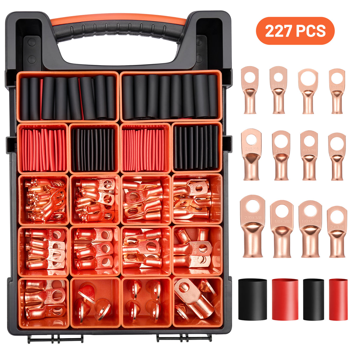 Filluck 227PCS Battery Cable Ends Kit, 1/0 2/0 2 4 6 8 AWG Copper Wire Lugs with 3:1 Heat Shrink Tubing, Ring Battery Terminal Connectors for Automotive, RV, Marine, Solar Systems - Filluck