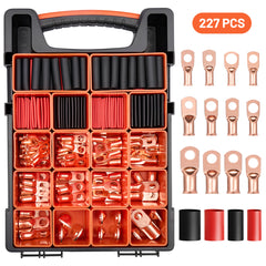 Filluck 227PCS Battery Cable Ends Kit, 1/0 2/0 2 4 6 8 AWG Copper Wire Lugs with 3:1 Heat Shrink Tubing, Ring Battery Terminal Connectors for Automotive, RV, Marine, Solar Systems - Filluck