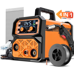 SPBTAR 145A MIG Welder, 110V 4-in-1 IGBT Inverter Welder with Lift TIG, MMA, MIG/MAG, Flux Core, Synergic & AI Arc Control - Portable Welding Machine Kit Includes Welding Mask & 20 Rods - Filluck