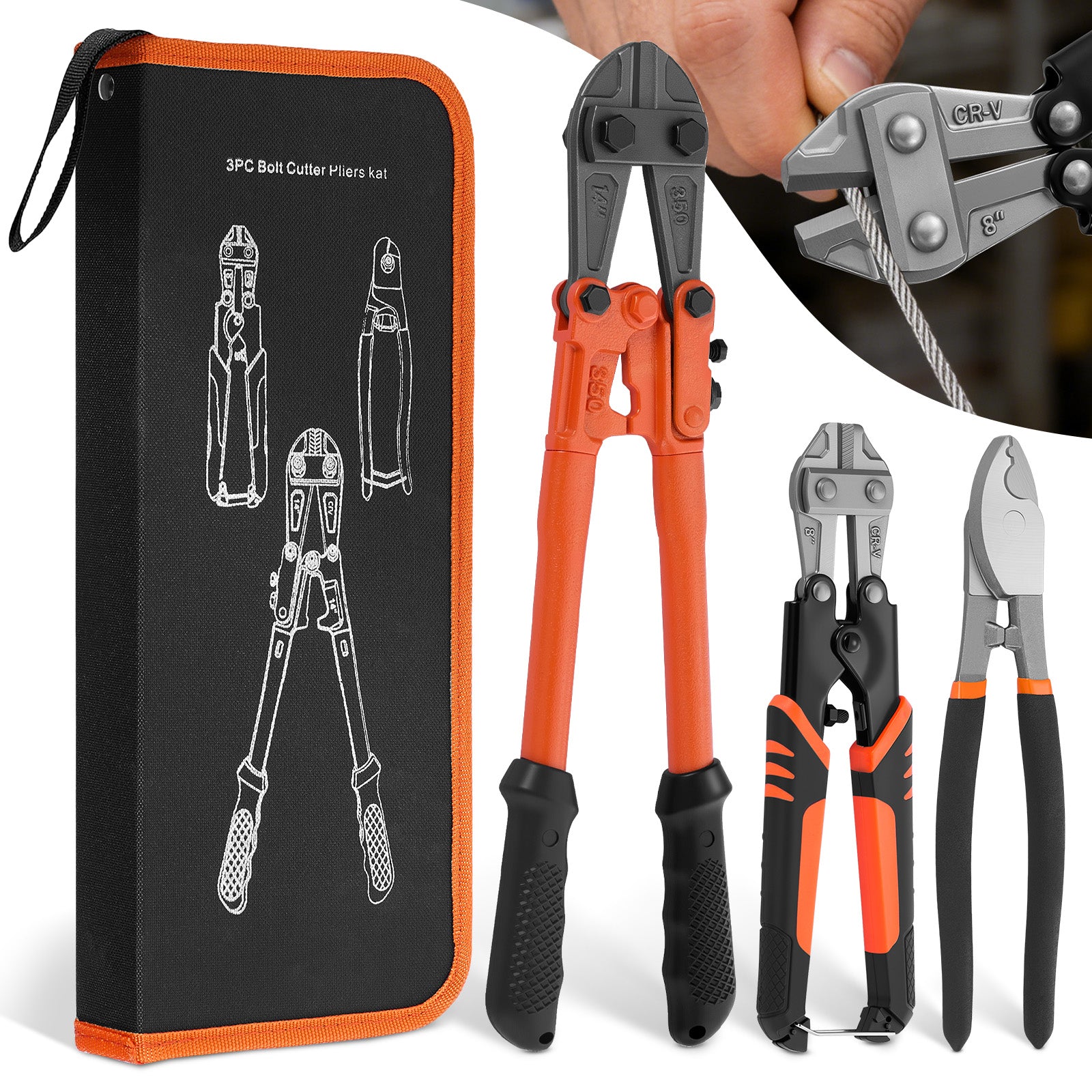 3-Piece Bolt Cutter Pliers Set, 14" Heavy Duty Bolt Cutter, 8" Mini Bolt Cutter, 8" Wire Cable Cutter with Carrying Bag, Cr-V Blade for Cutting Locks, Steel Wire, Barbed Wire, Chains - Filluck