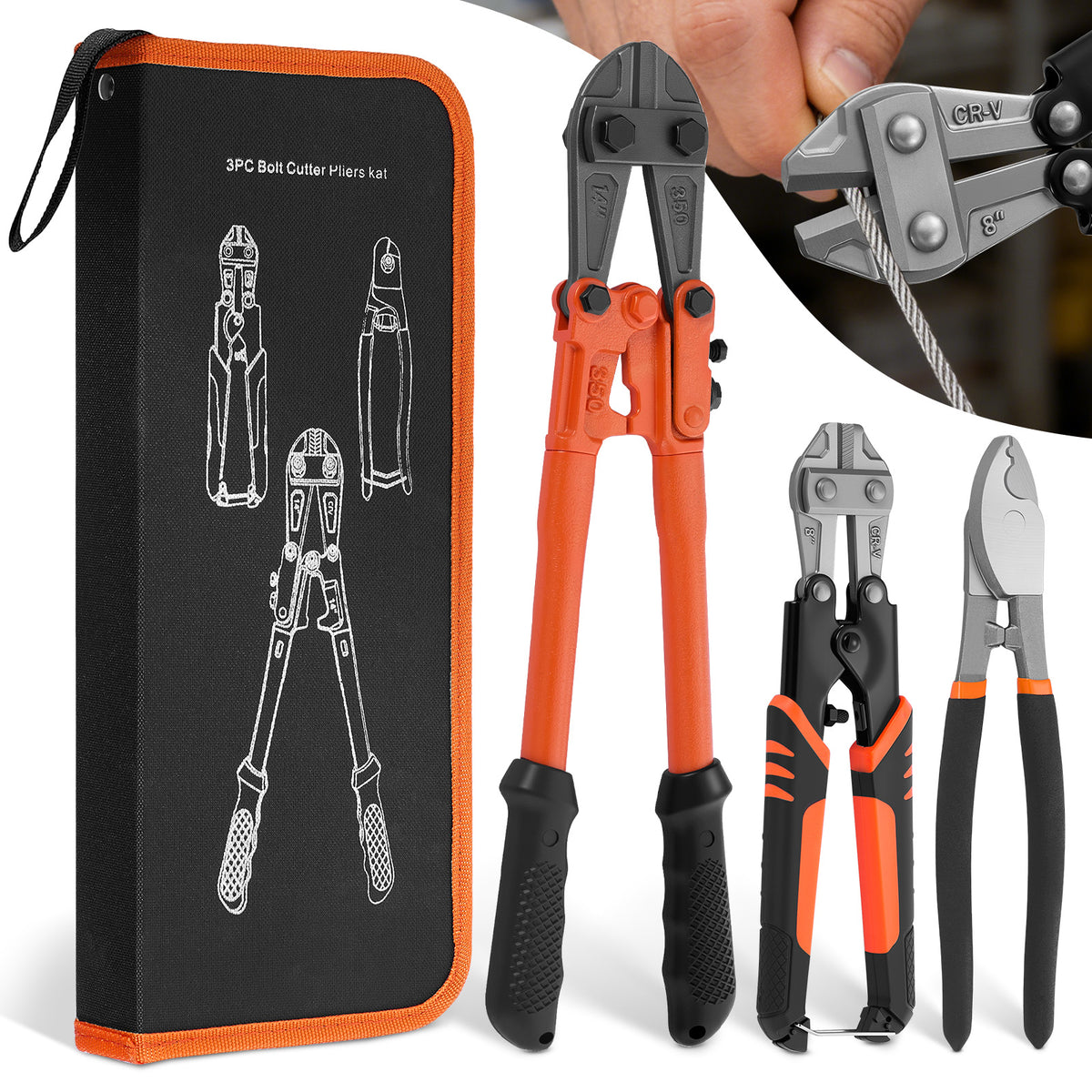 3-Piece Bolt Cutter Pliers Set, 14" Heavy Duty Bolt Cutter, 8" Mini Bolt Cutter, 8" Wire Cable Cutter with Carrying Bag, Cr-V Blade for Cutting Locks, Steel Wire, Barbed Wire, Chains - Filluck