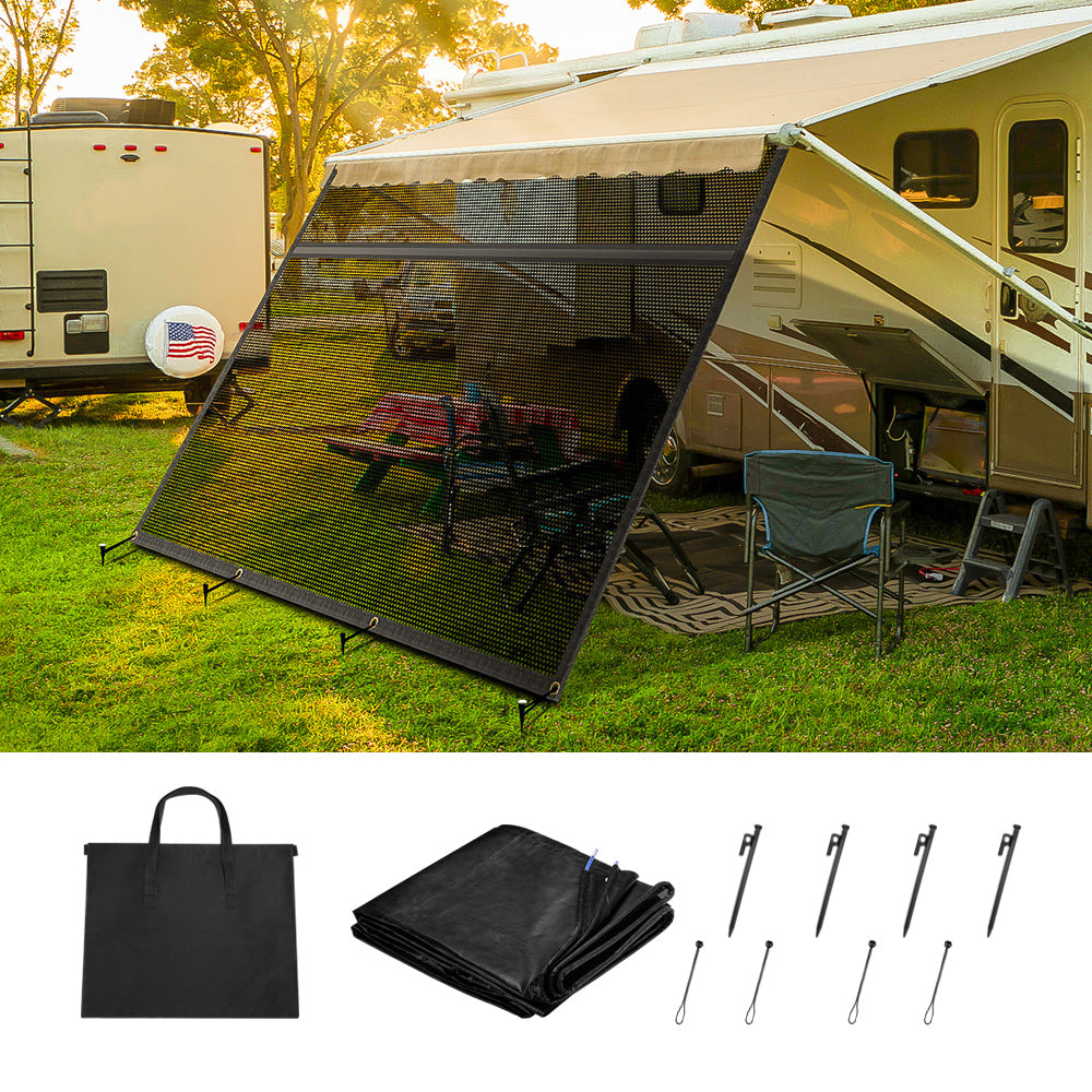 Filluck Black RV Awning Shade Screen 87% UV Block, Cool Breeze, Zip Adjustable Privacy Mesh, Durable Universal Trailer Camper RV Awning Screen with Complete Kits 8*12FT - Filluck