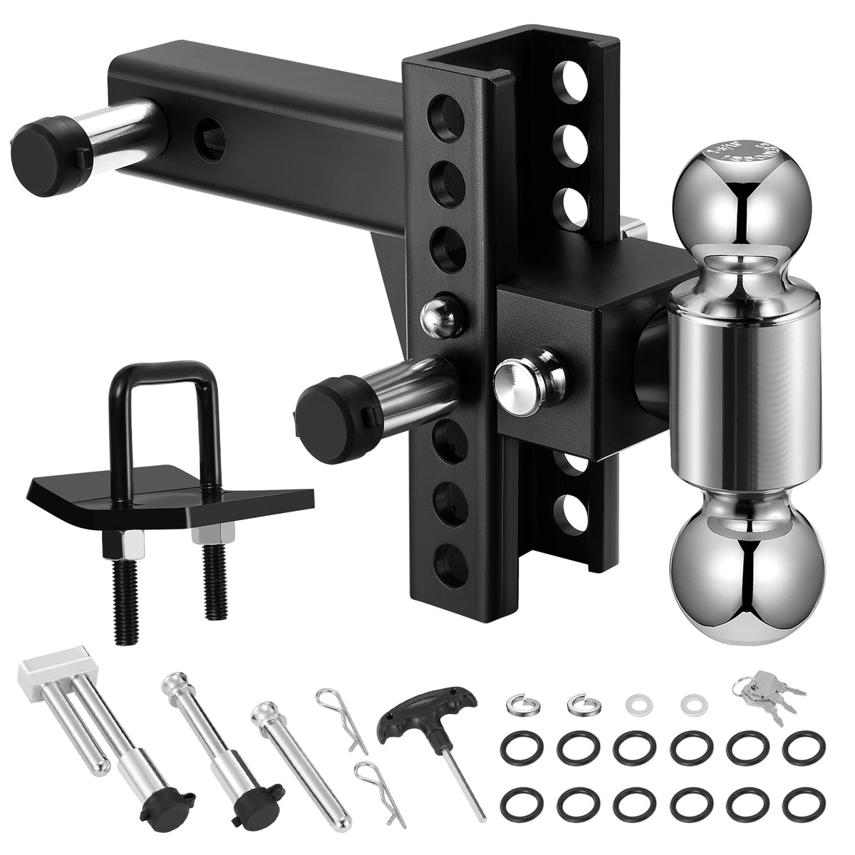 Heavy Duty Adjustable Trailer Hitch for 2" Receiver, 20,000 lbs GTW Aluminum Drop Hitch with 6" Drop/Rise, Dual Ball Mount (2" & 2-5/16") and 2 Anti-Theft Locking Pins - Filluck