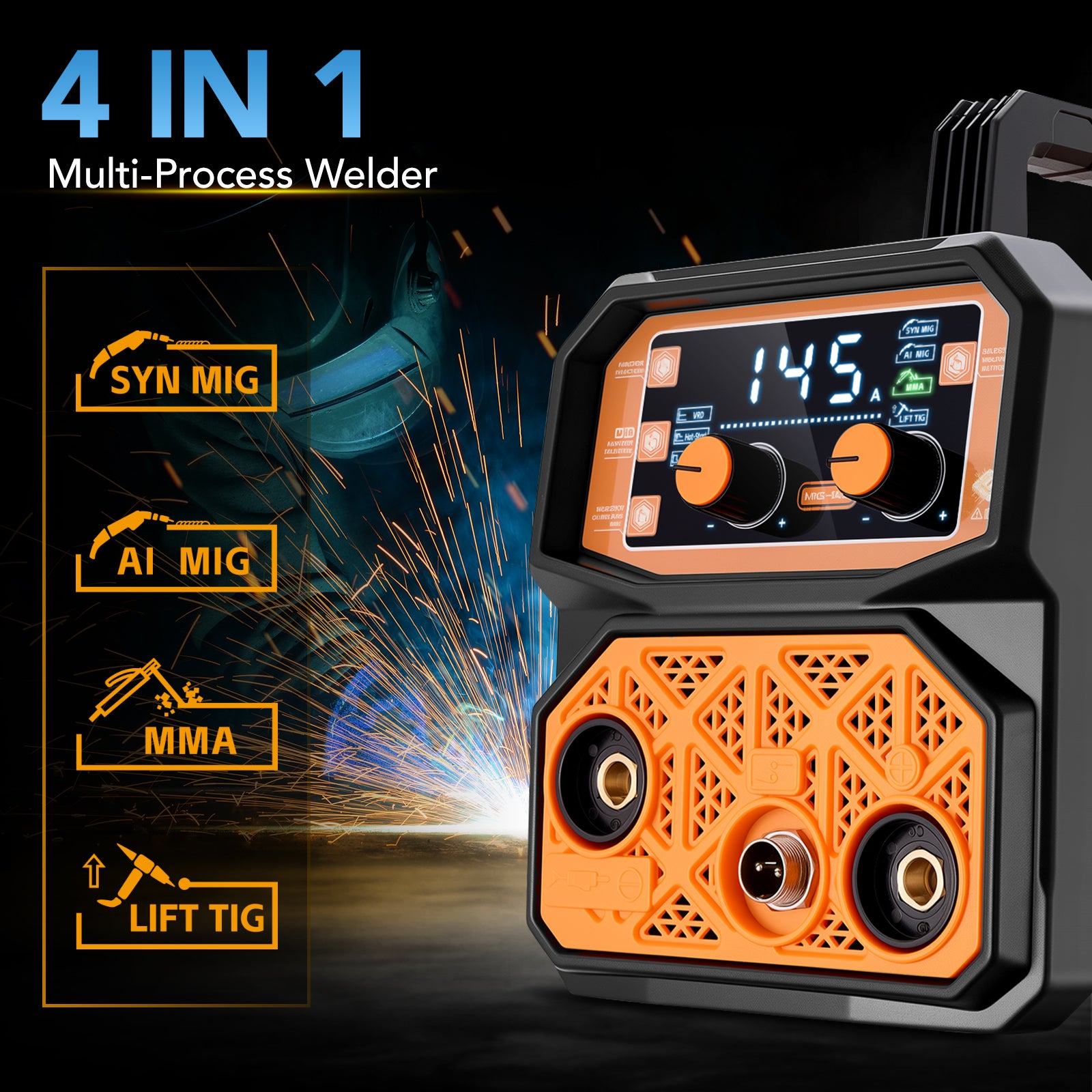 SPBTAR 145A MIG Welder, 110V 4-in-1 IGBT Inverter Welder with Lift TIG, MMA, MIG/MAG, Flux Core, Synergic & AI Arc Control - Portable Welding Machine Kit Includes Welding Mask & 20 Rods - Filluck