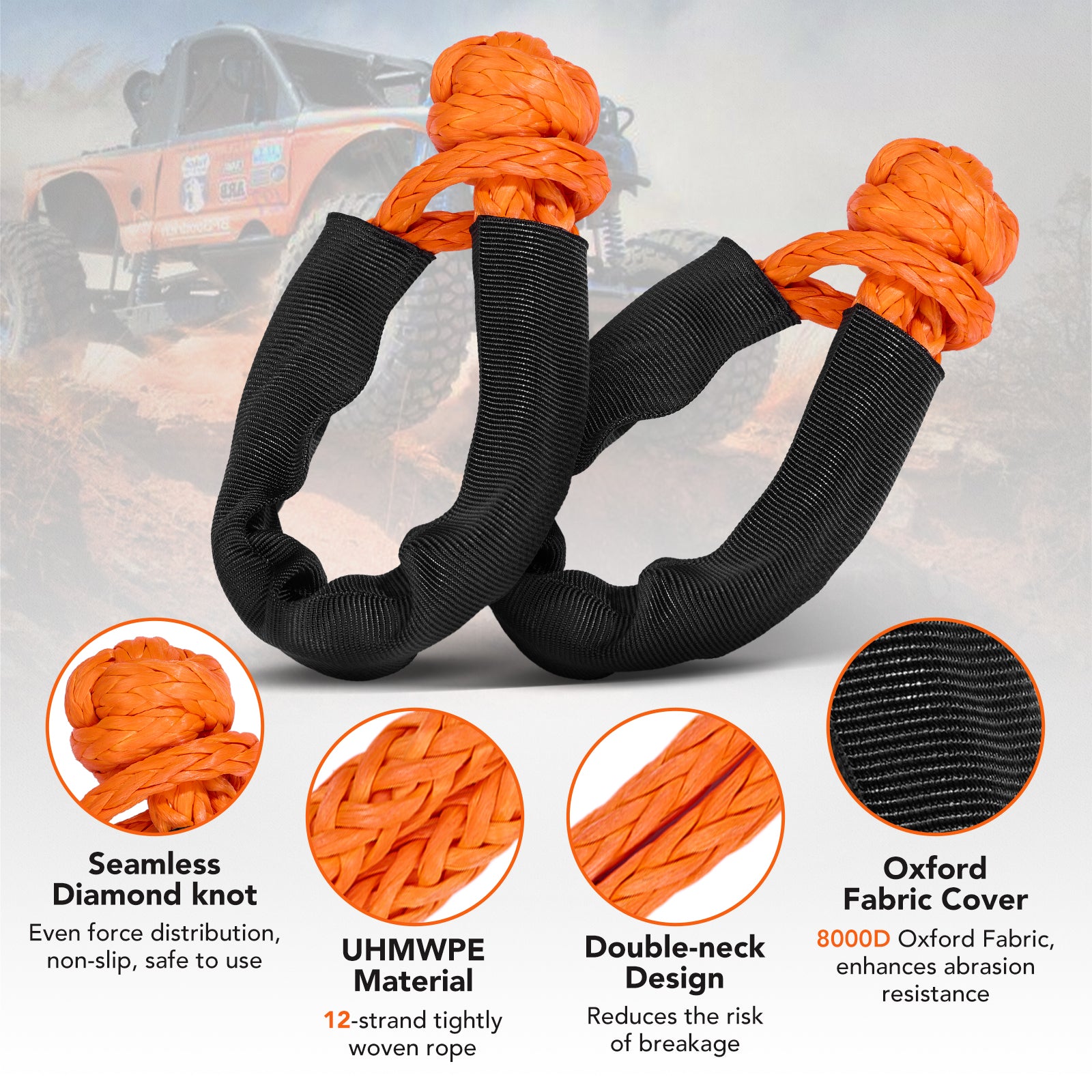 Kinetic Recovery Tow Rope, 1" x 30FT 50000LBS with Two Soft Shackles Heavy Duty Off Road Snatch Strap, 35% High Elasticity Recovery Strap Kit for Truck, Tractor, Car, ATV, UTV, Jeep - Filluck