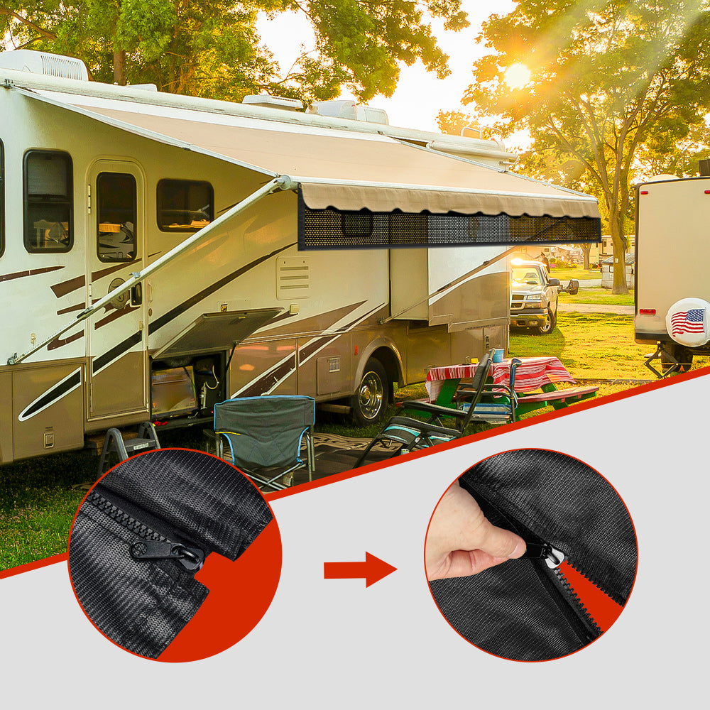 Filluck Black RV Awning Shade Screen 87% UV Block, Cool Breeze, Zip Adjustable Privacy Mesh, Durable Universal Trailer Camper RV Awning Screen with Complete Kits 8*12FT - Filluck