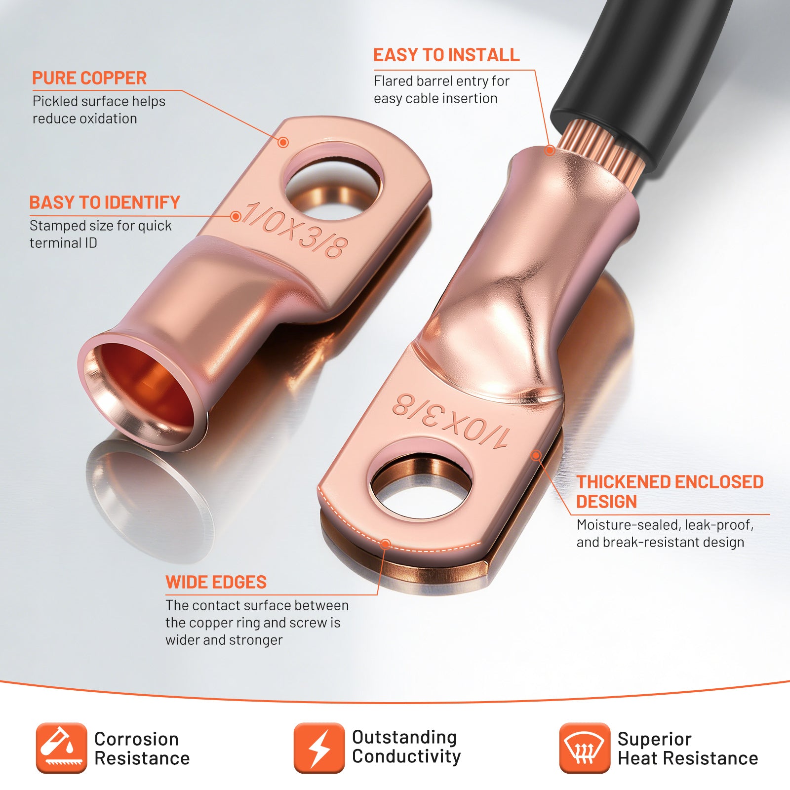 Filluck 227PCS Battery Cable Ends Kit, 1/0 2/0 2 4 6 8 AWG Copper Wire Lugs with 3:1 Heat Shrink Tubing, Ring Battery Terminal Connectors for Automotive, RV, Marine, Solar Systems - Filluck