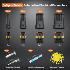 Filluck 349PCS Waterproof Wire Connectors, 24 Sets 1/2/3/4 Pin Car Electrical Terminal Connectors Kit with 22-16 AWG Wire Crimping Tool for Car Truck Motorcycle Boat Marine - Filluck