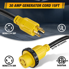 30 Amp 15FT Heavy Duty RV Generator Extension Cord with Inlet Box, NEMA 14-50P to SS2-50R Twist Lock Connector, 125V/250V Power Cord for Home/Camping/Boat/Emergency Backup